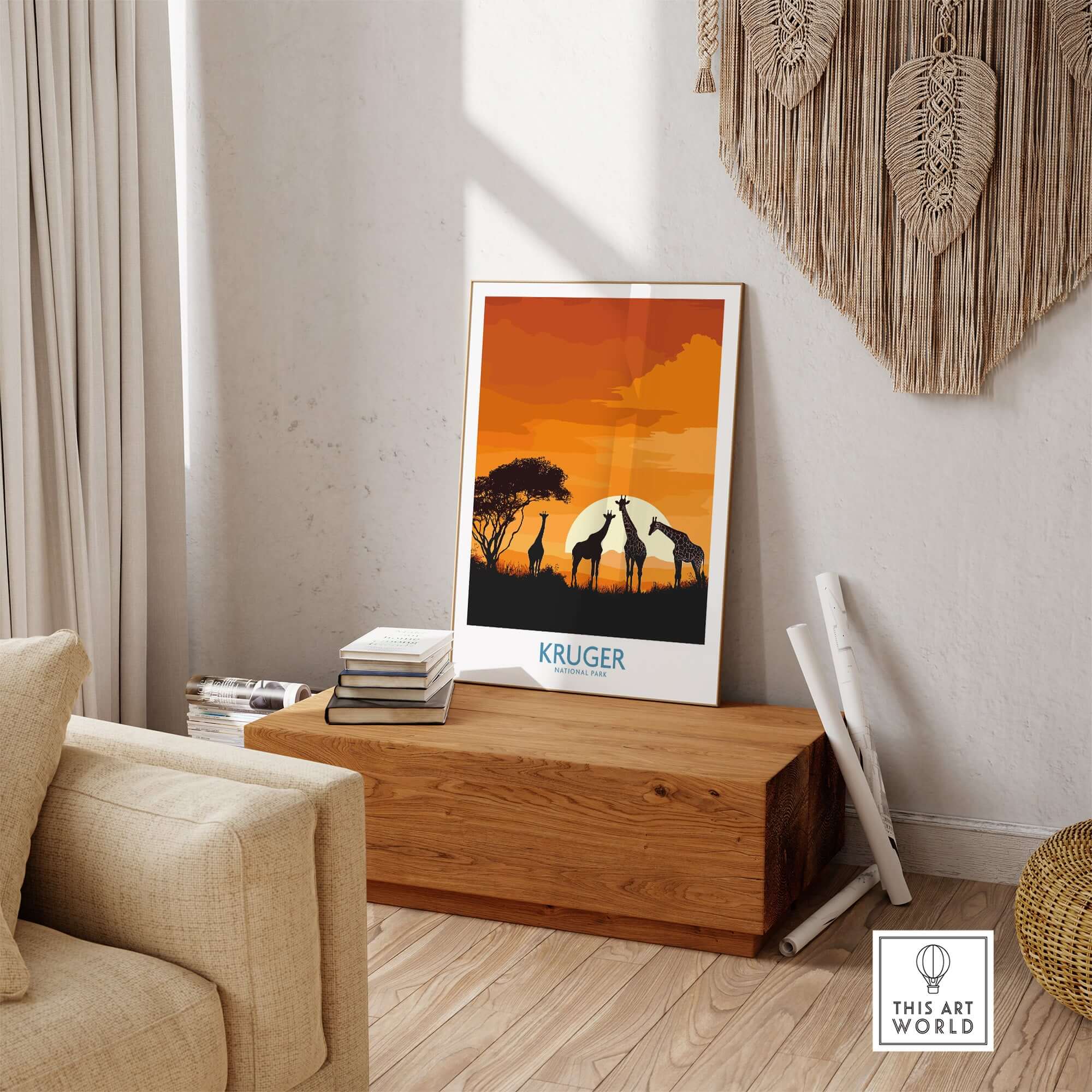 South Africa Giraffe Poster - Kruger Park Sunset, African Safari Art displayed in a cozy living room.