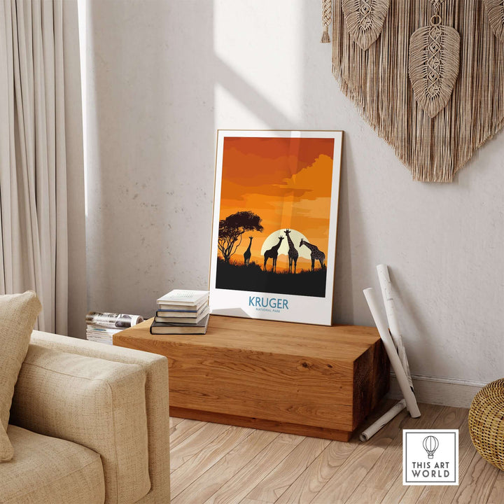 South Africa giraffe poster featuring Kruger Park sunset, showcasing vibrant African safari art in a stylish interior.