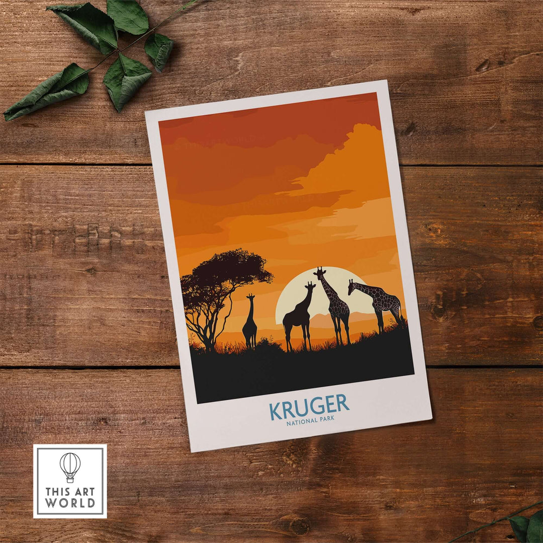 South Africa giraffe poster from Kruger National Park showcasing a sunset silhouette with vibrant colors.