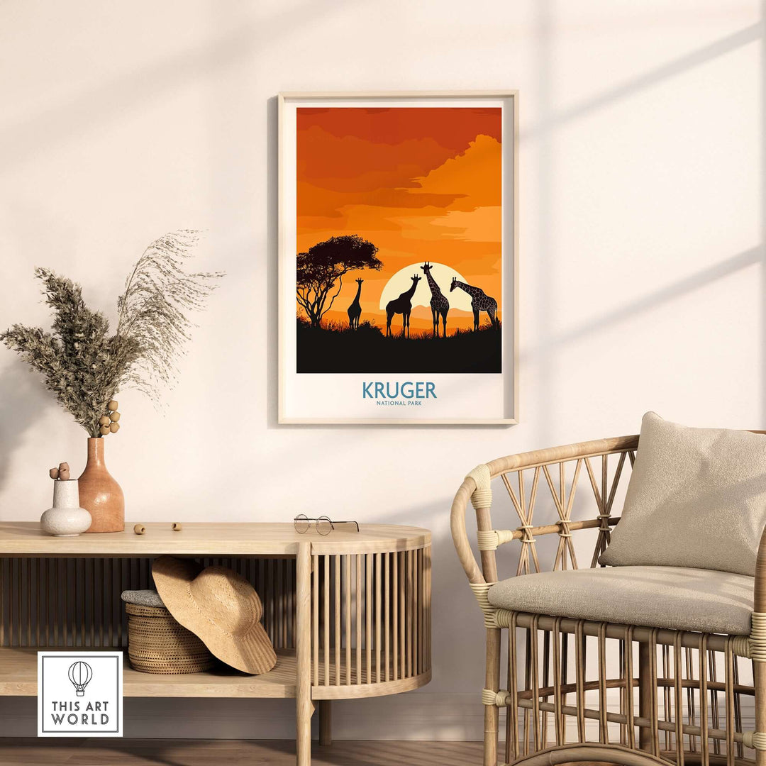 South Africa giraffe poster featuring silhouettes against a vibrant sunset, showcasing Kruger Park's beauty.