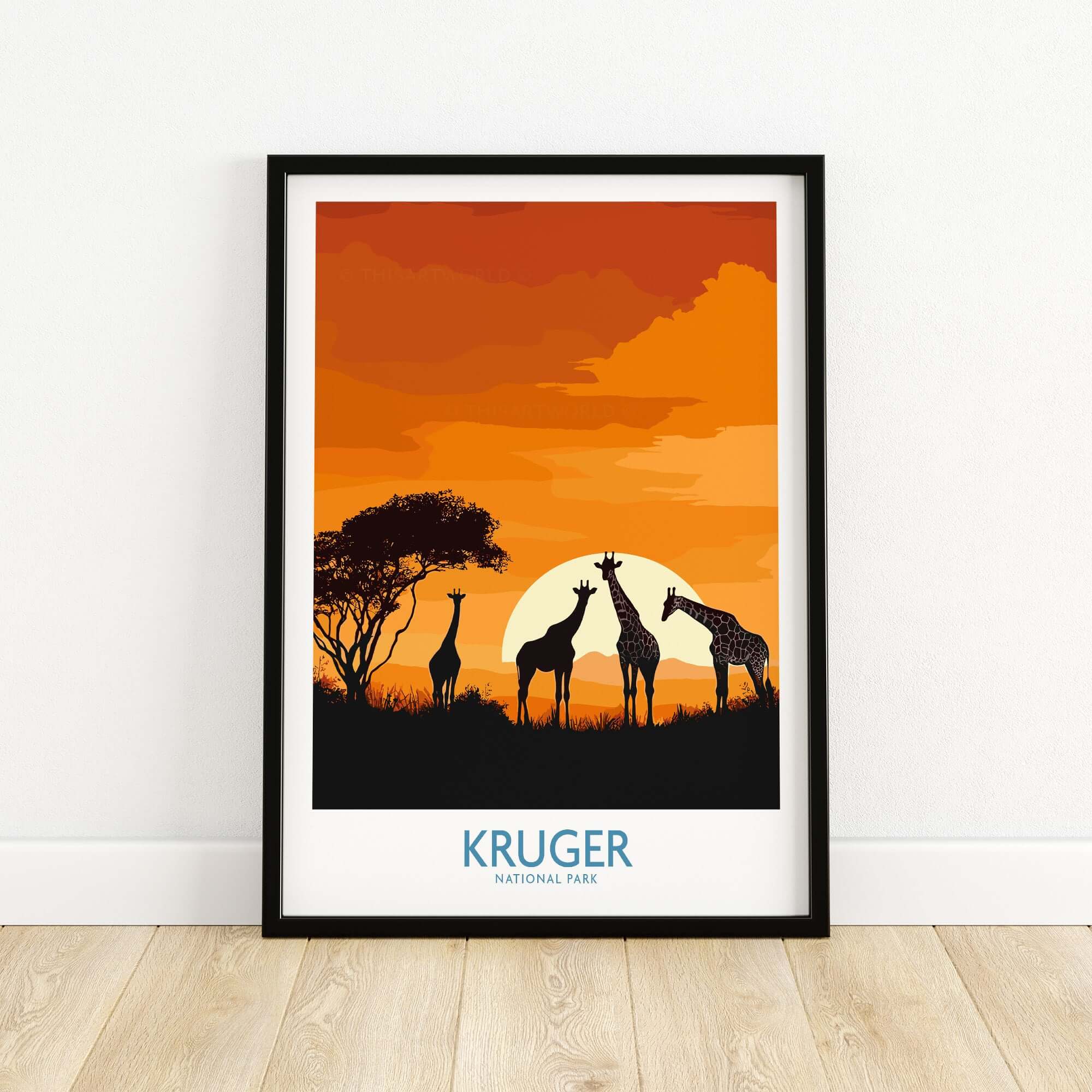 South Africa Giraffe Poster - Kruger Park Sunset, African Safari Art featuring silhouettes of giraffes at sunset.