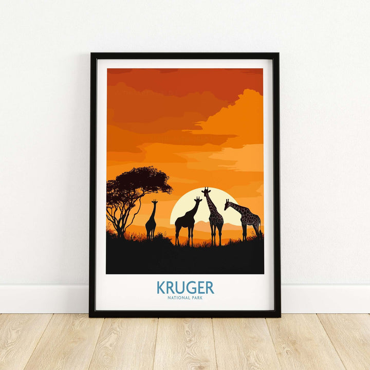 Kruger National Park giraffe poster featuring silhouettes against a vibrant sunset, capturing African safari beauty.