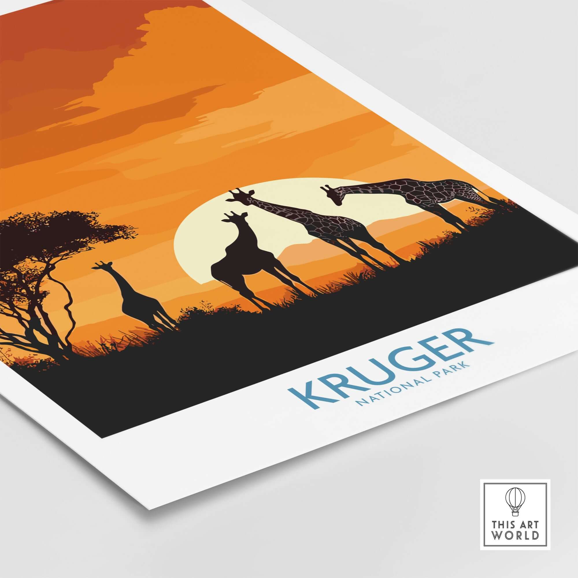 South Africa Giraffe Poster - Kruger Park Sunset, African Safari Art featuring silhouetted giraffes against a sunset.