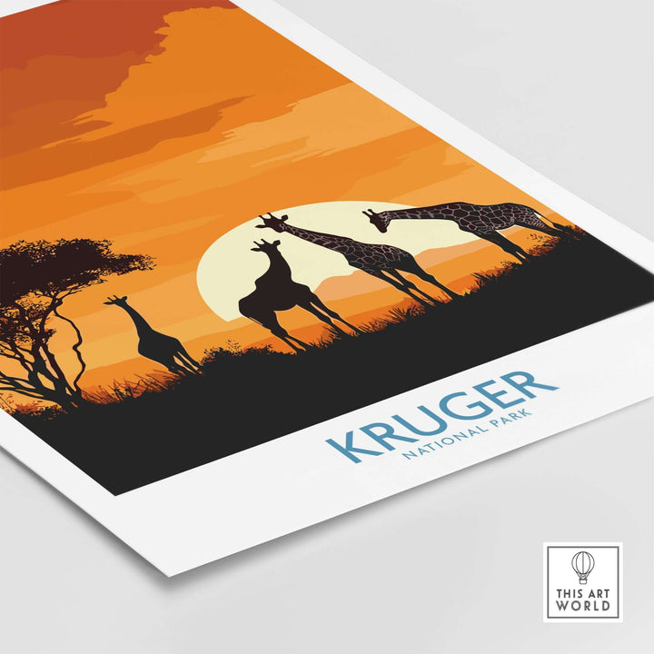 Giraffes silhouetted against a vibrant sunset in Kruger National Park, South Africa safari art print.