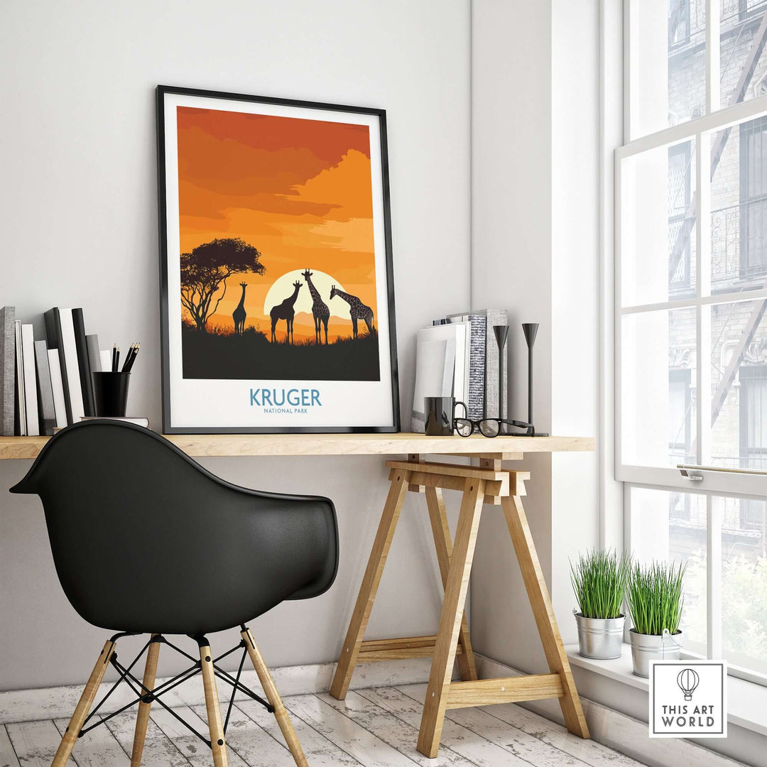 South Africa giraffe poster in a modern workspace, featuring sunset at Kruger Park.