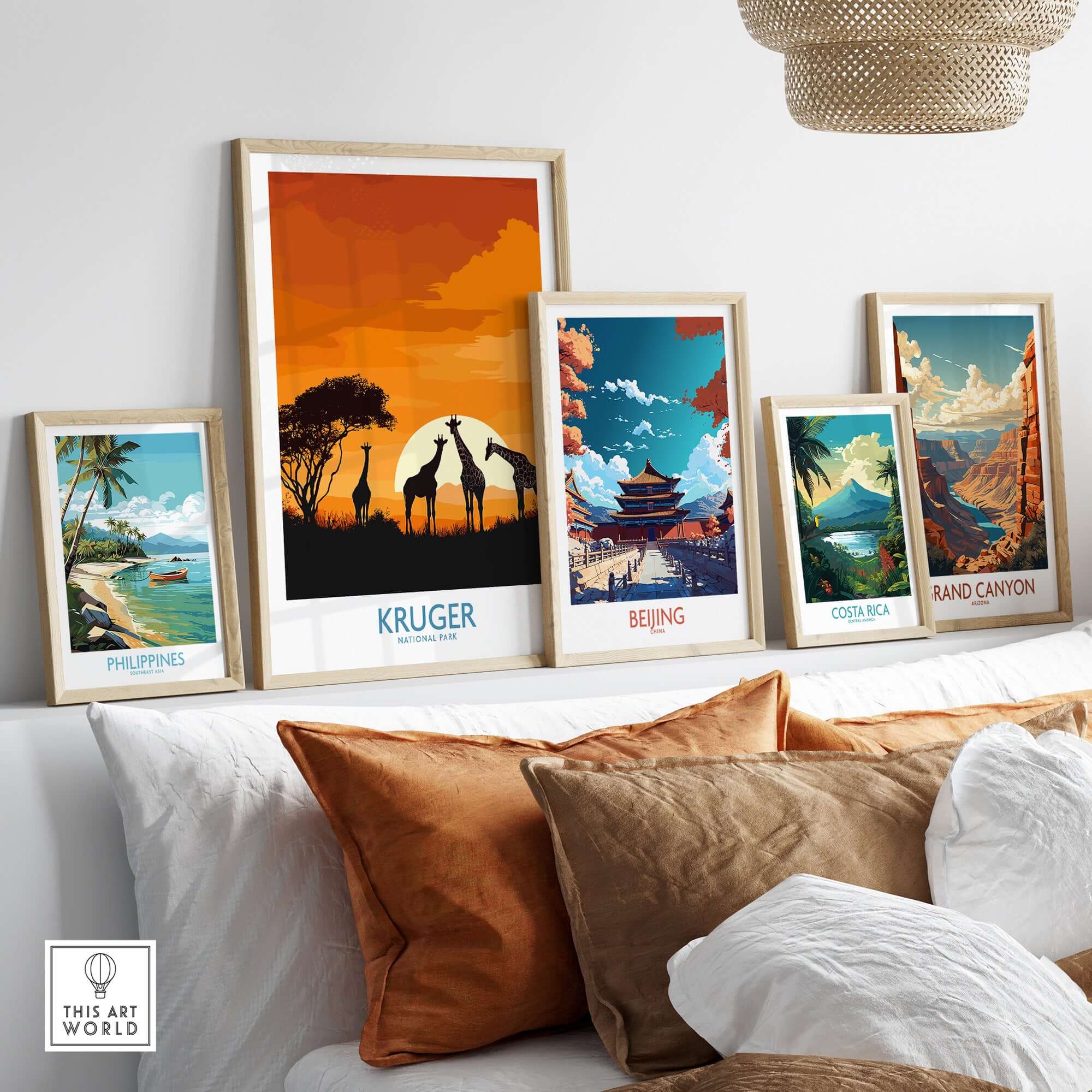 South Africa Giraffe Poster - Kruger Park Sunset, African Safari Art displayed among travel posters on a stylish wall.