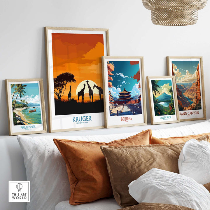 Giraffe poster from Kruger Park with sunset in a stylish gallery wall display of travel art prints.