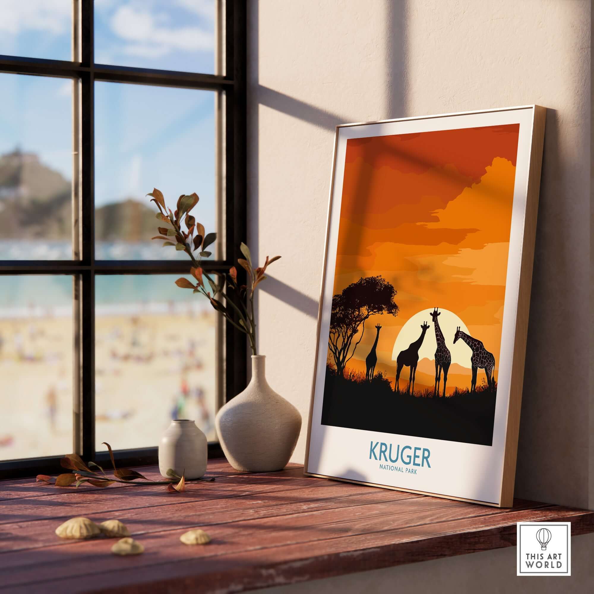 South Africa Giraffe Poster - Kruger Park Sunset, African Safari Art displayed in a stylish room with a beach view.