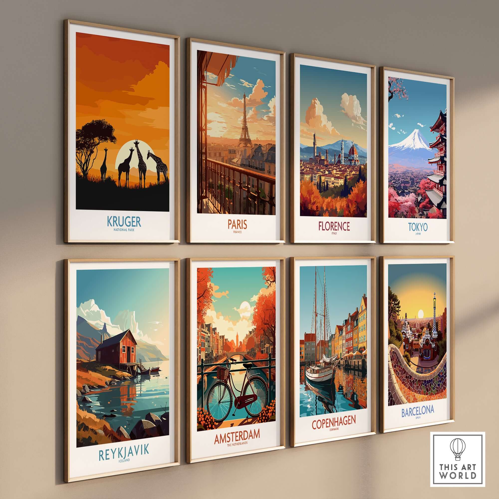 South Africa Giraffe Poster - Kruger Park Sunset, African Safari Art on a gallery wall display with other city posters.