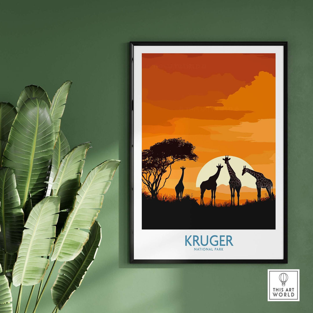 South Africa giraffe poster featuring sunset at Kruger National Park, perfect for safari art decor.