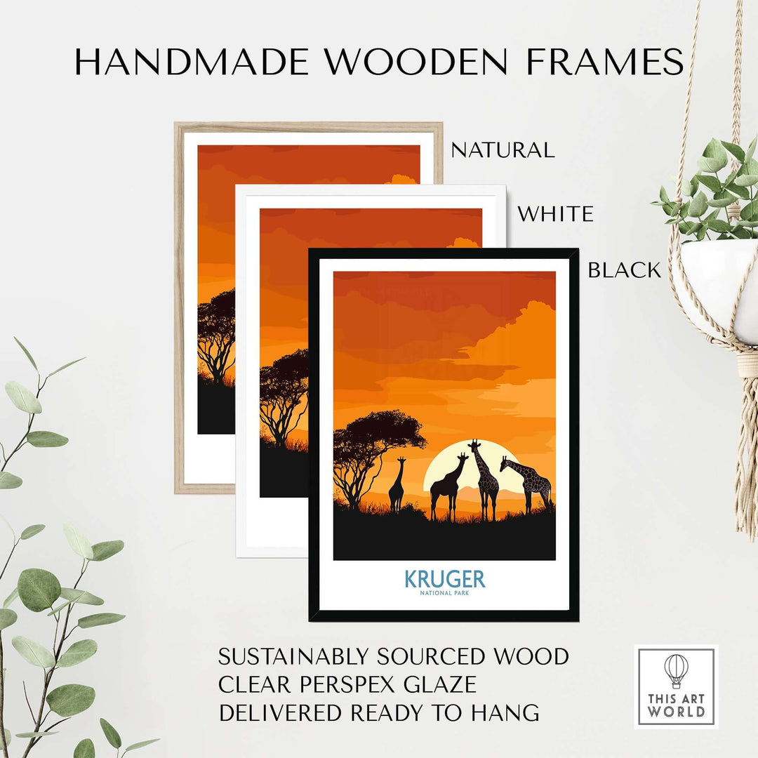 Handmade wooden frames in natural, white, and black showcasing a giraffe poster, ready to hang.