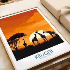 South Africa Giraffe Poster - Kruger Park Sunset, African Safari Art featuring giraffes at sunset.