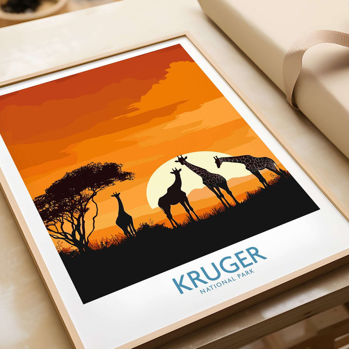 South Africa giraffe poster showcasing a sunset at Kruger National Park with silhouettes of giraffes and trees.