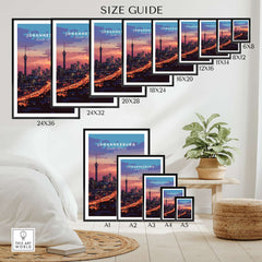 South Africa Skyline Art - Joburg at night Johannesburg Cityscape Print size guide displaying various framed print options.