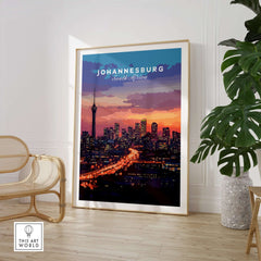 South Africa Skyline Art - Joburg at night Johannesburg Cityscape Print in a modern interior setting.
