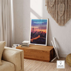 South Africa Skyline Art - Joburg at night Johannesburg Cityscape Print displayed in a cozy home setting.