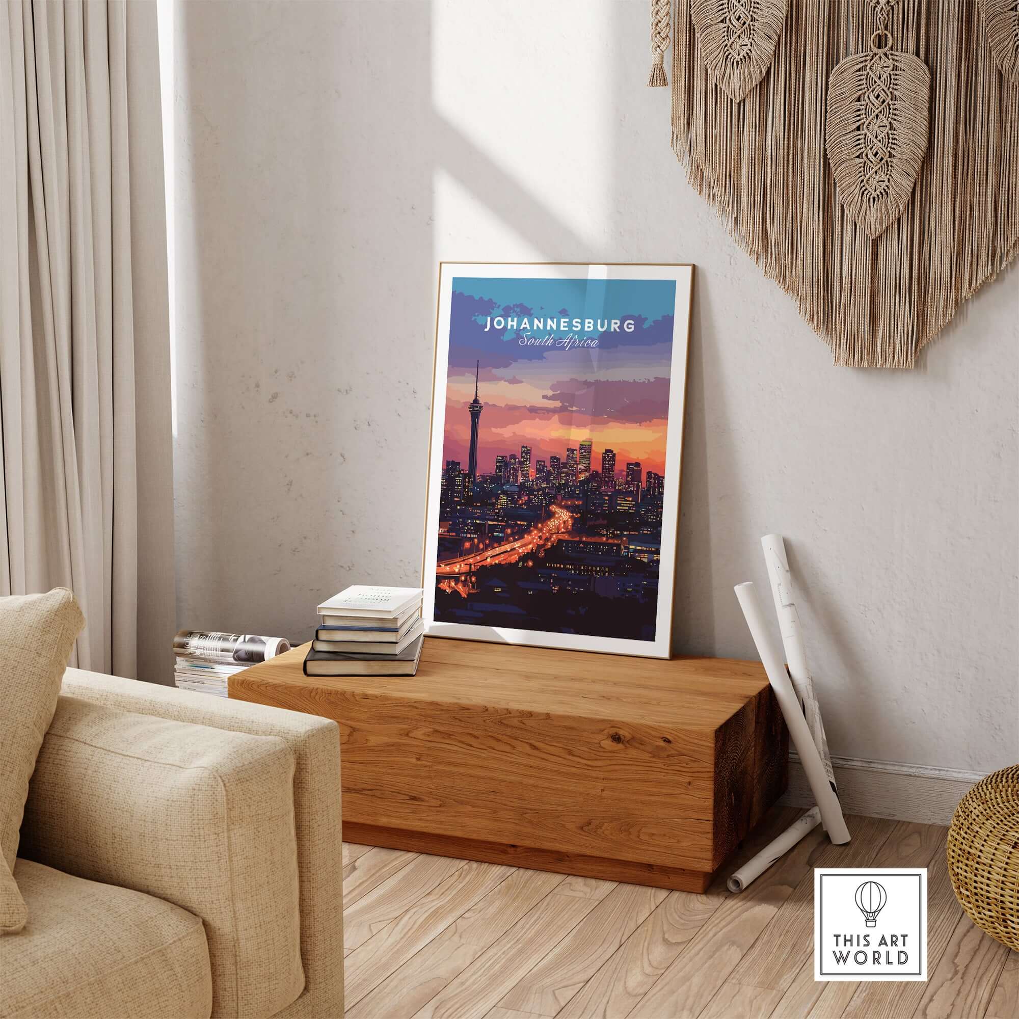 South Africa Skyline Art - Joburg at night Johannesburg Cityscape Print displayed in a cozy home setting.