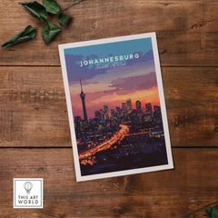 South Africa Skyline Art - Joburg at night Johannesburg Cityscape Print featuring vibrant Johannesburg skyline.