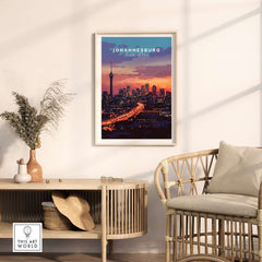 South Africa Skyline Art - Joburg at night Johannesburg Cityscape Print in modern living room decor