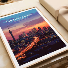 South Africa Skyline Art - Joburg at night Johannesburg Cityscape Print featuring Johannesburg skyline art at sunset.