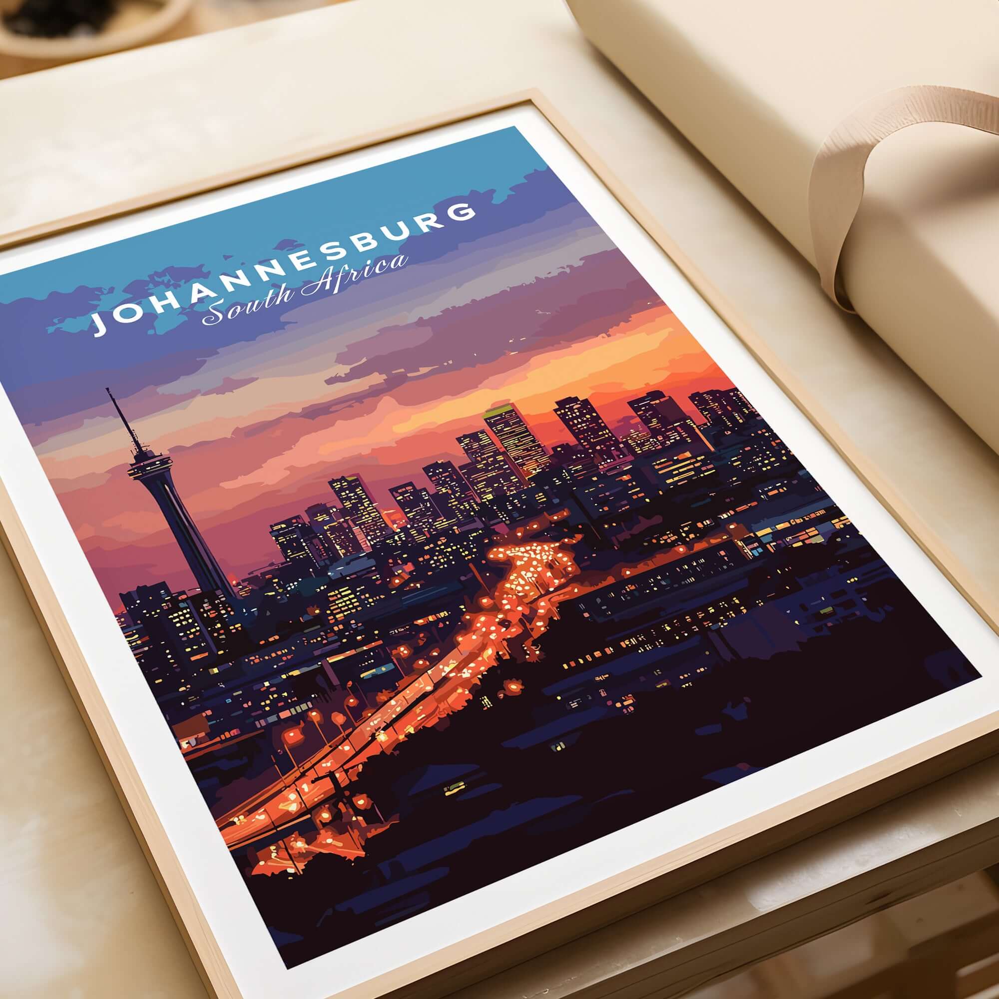 South Africa Skyline Art - Joburg at night Johannesburg Cityscape Print featuring Johannesburg skyline art at sunset.