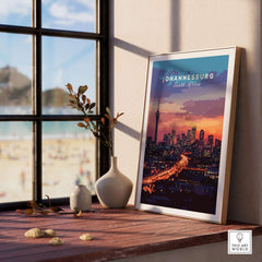 South Africa Skyline Art - Joburg at night Johannesburg Cityscape Print displayed in a stylish interior with beach view.
