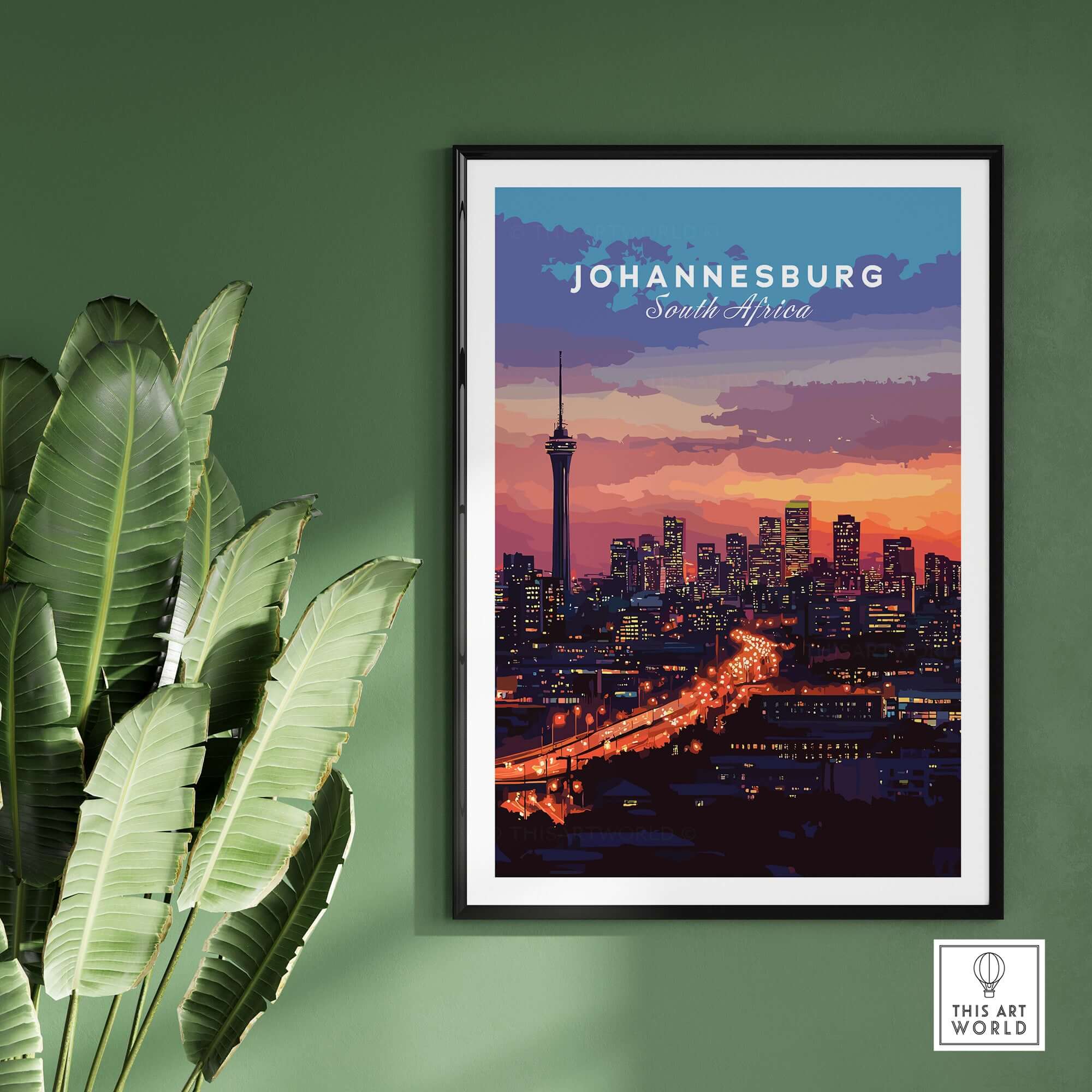 South Africa Skyline Art - Joburg at night Johannesburg Cityscape Print displayed on wall with plants.