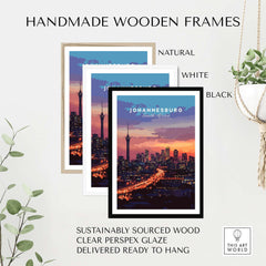 Handmade wooden frames in natural, white, and black with Johannesburg cityscape art ready to hang.