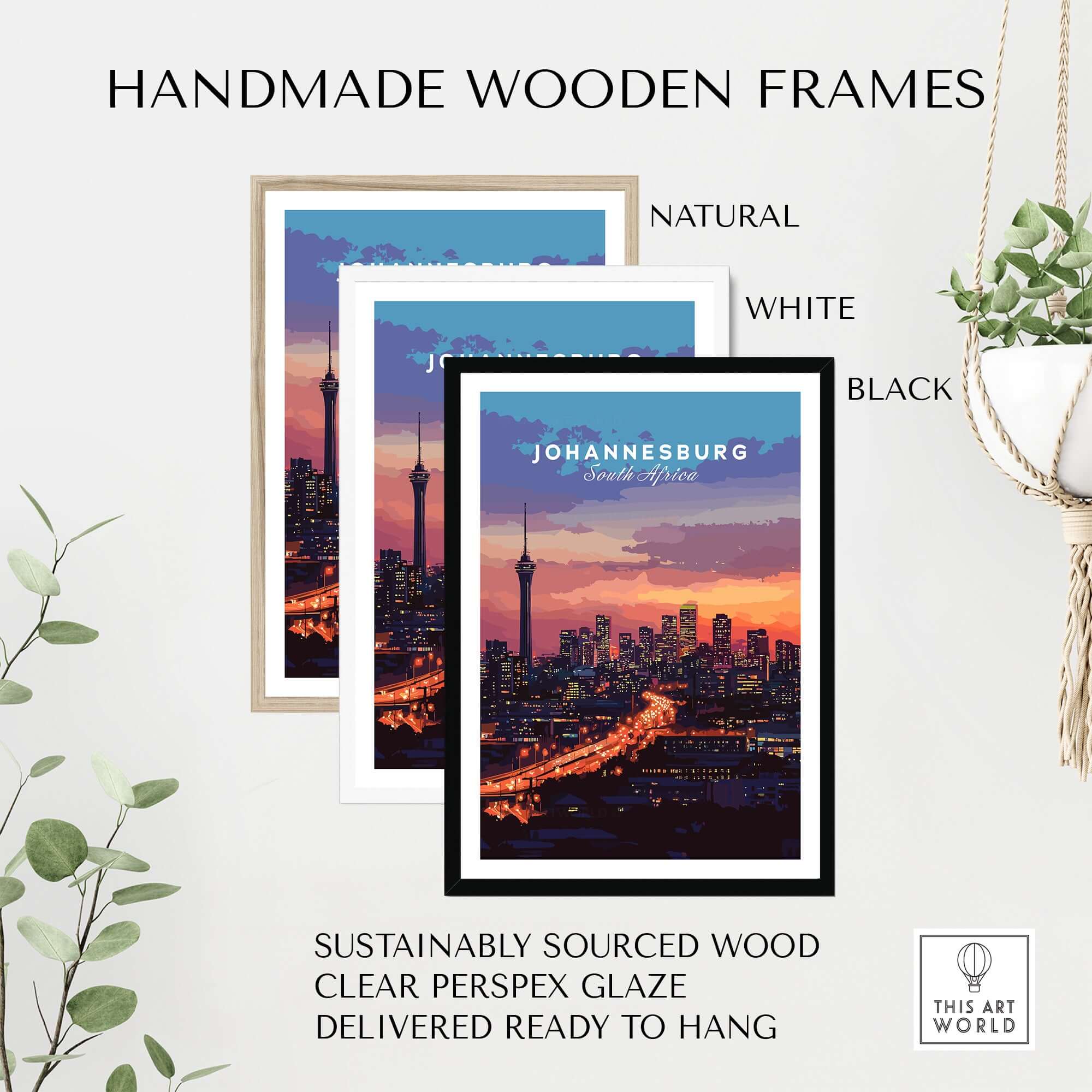 Handmade wooden frames in natural, white, and black with Johannesburg cityscape art ready to hang.
