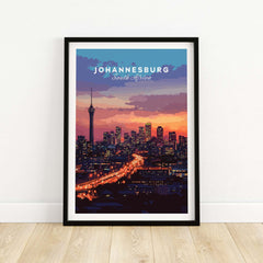 South Africa Skyline Art - Joburg at night Johannesburg Cityscape Print featuring a vibrant Johannesburg skyline.