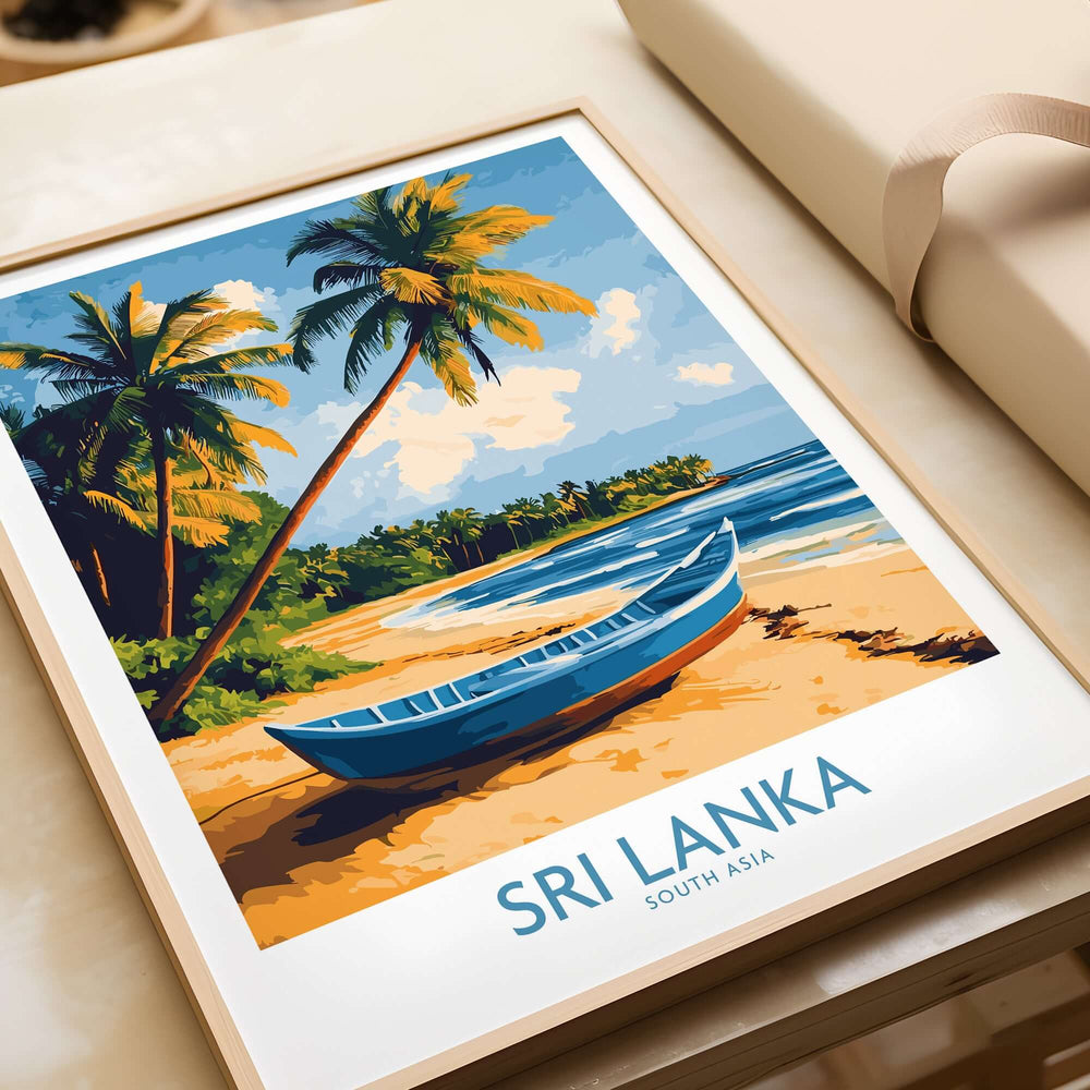 South Asia Travel Poster - Sri Lanka Coastal Print, Island Life Wall Art featuring palm trees and a blue boat on a beach.