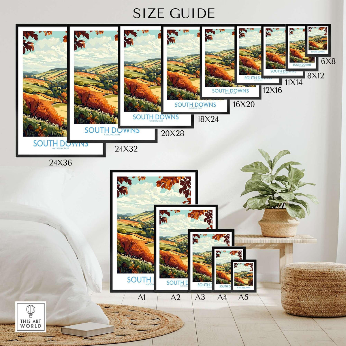 South Downs National Park Art Print size guide showcasing various frame dimensions and design options.