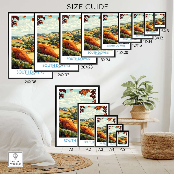 South Downs National Park art print size guide showcasing various frame sizes in a stylish home setting.