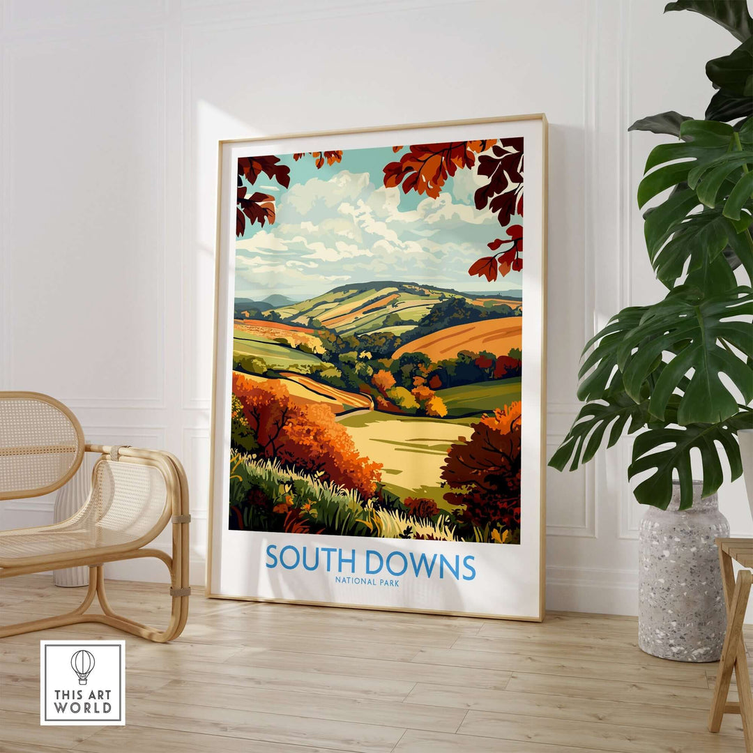 South Downs National Park art print displayed in a bright interior, showcasing vibrant landscapes and autumn colors.