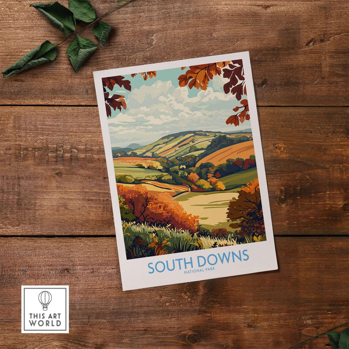 South Downs National Park art print featuring vibrant landscapes and autumn foliage on a wooden background.