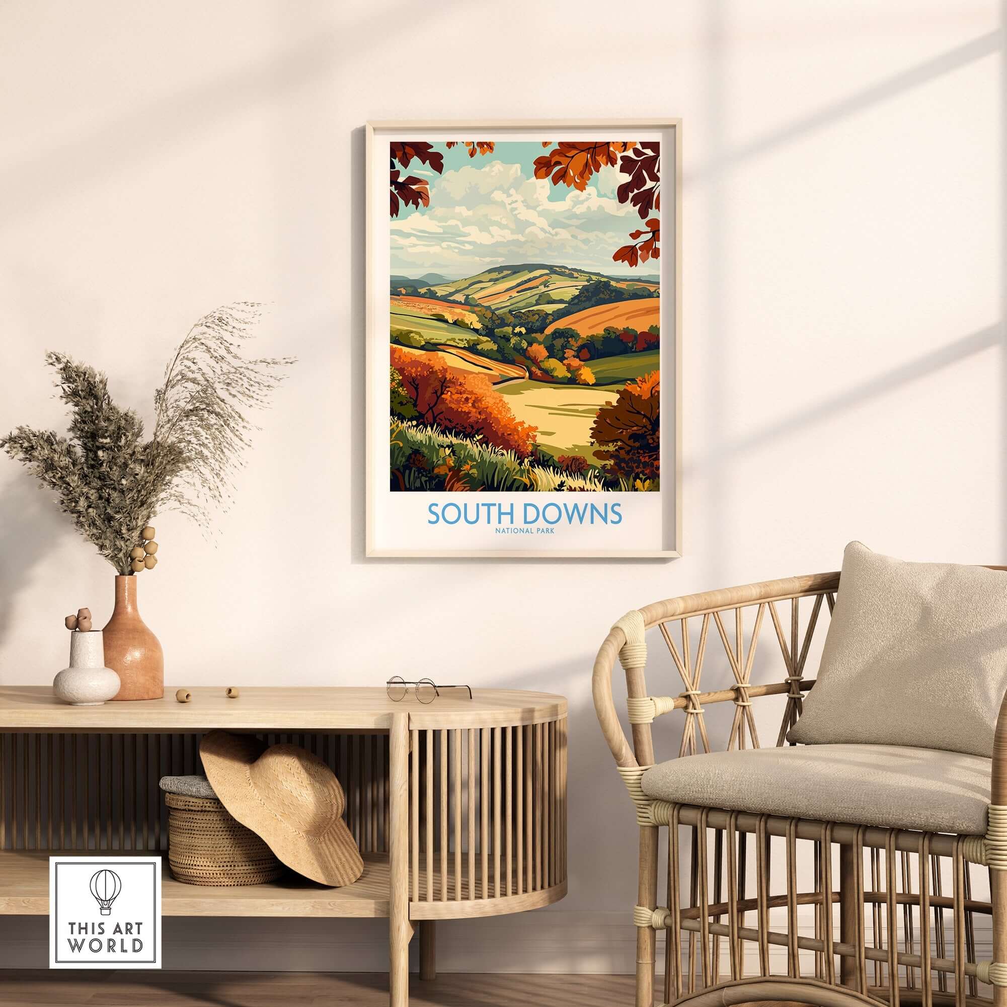 South Downs National Park Art Print displayed in a stylish living room setting, showcasing vibrant autumn colors.