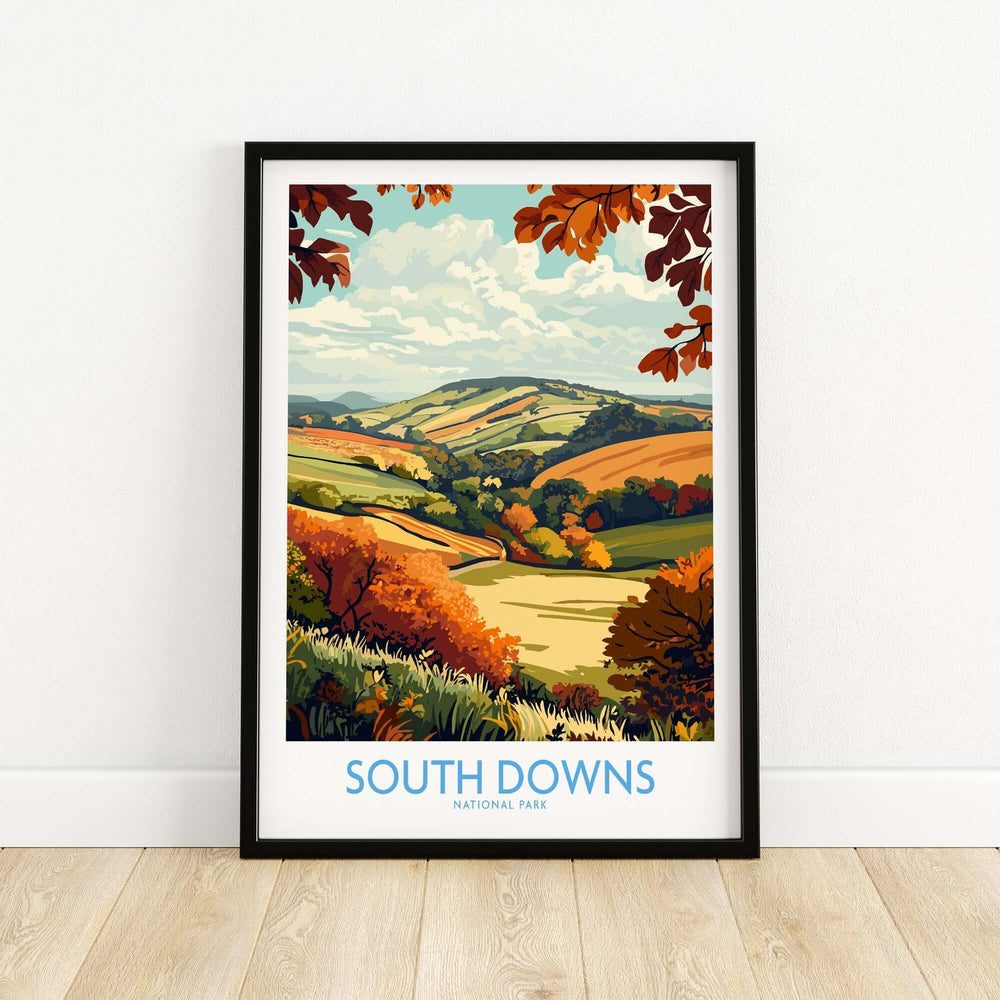 South Downs National Park art print showcasing vibrant autumn colors and scenic hills in a framed design.