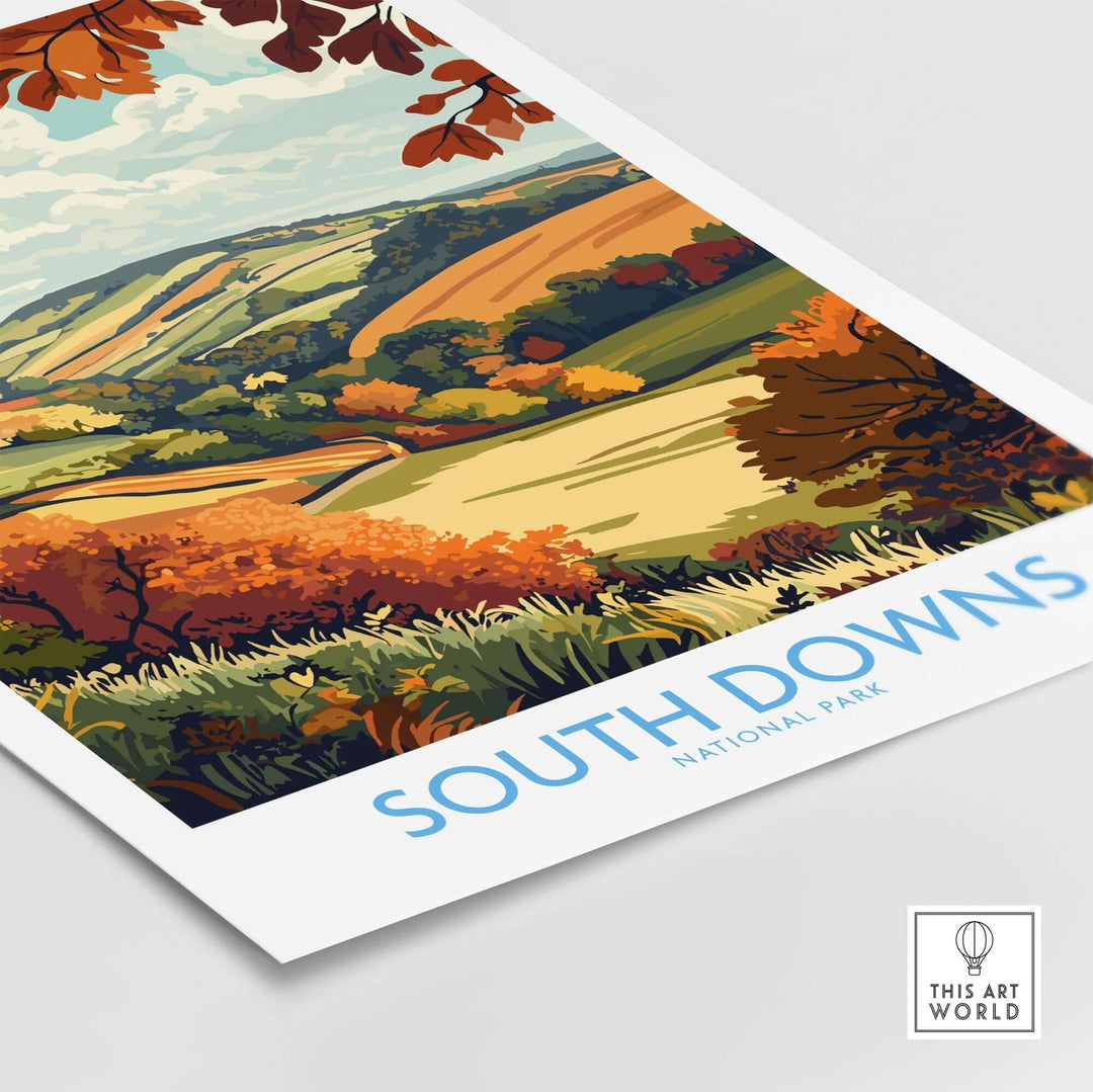 Vibrant South Downs National Park art print showcasing rolling hills and autumn colors, perfect for home decor.