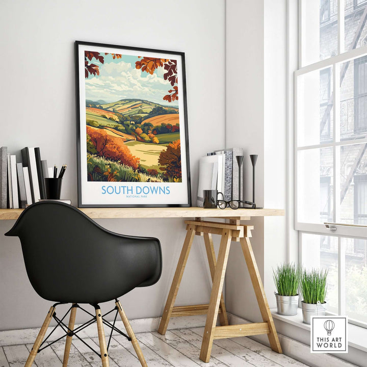 South Downs National Park art print displayed in a modern workspace, showcasing vibrant colors and serene landscape.