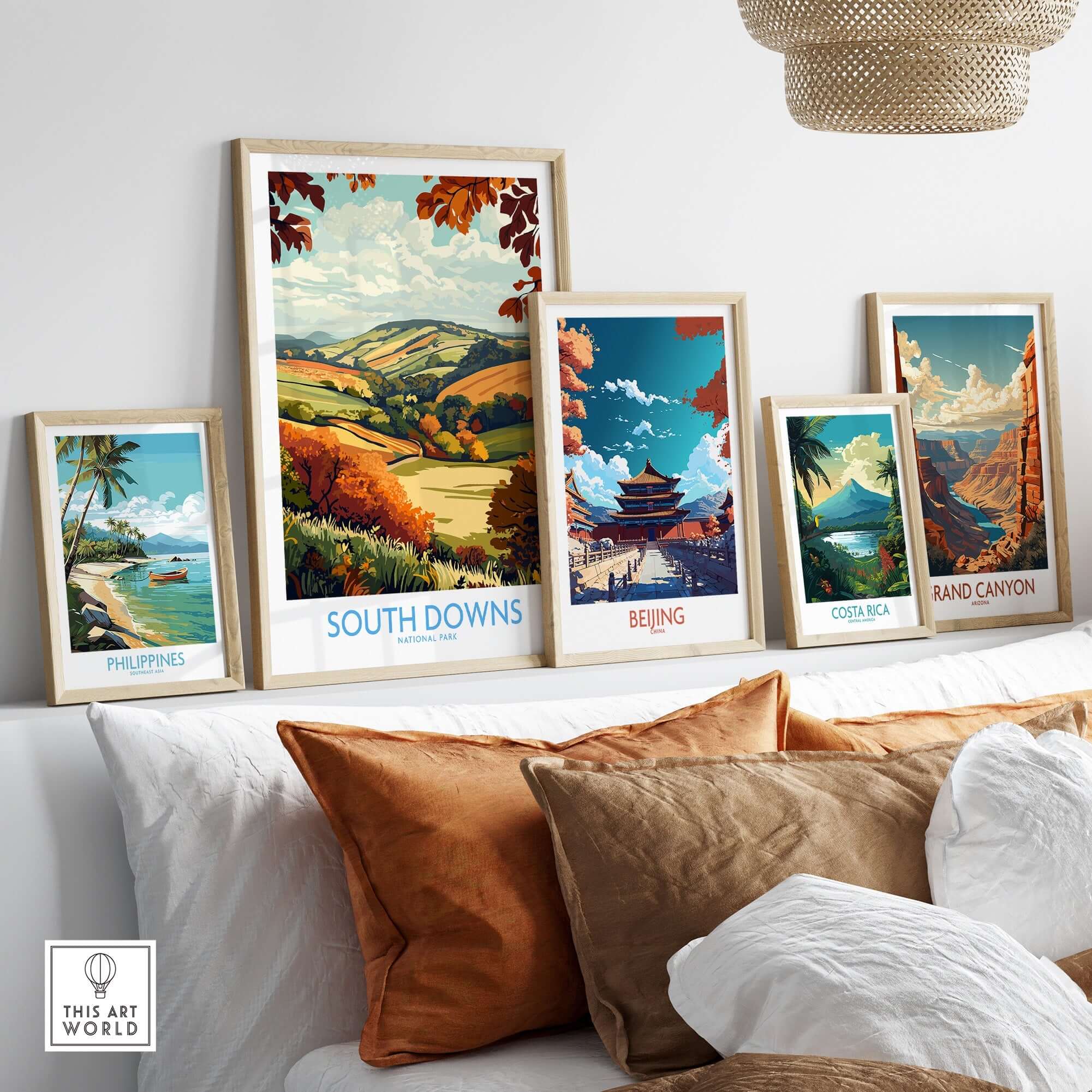South Downs National Park Art Print displayed among other travel art prints in a stylish home setting.