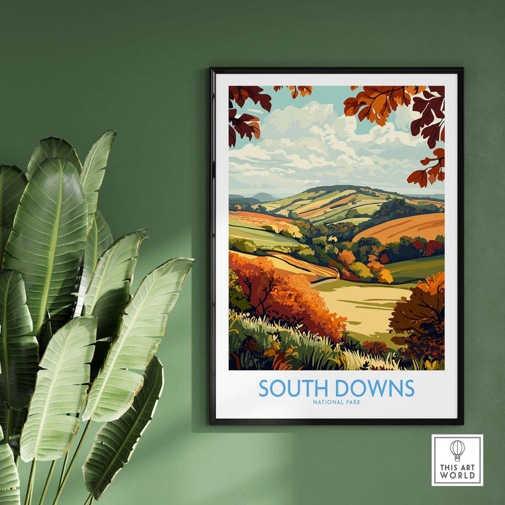 South Downs National Park art print showcasing vibrant landscape with rolling hills and autumn foliage against a green wall.