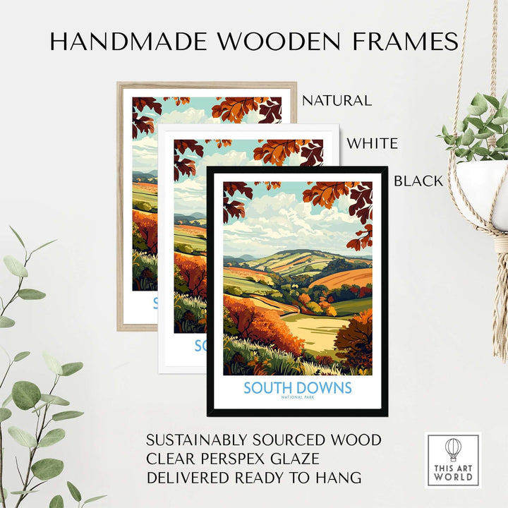 Handmade wooden frames in natural, white, and black colors with South Downs art print on display, ready to hang.