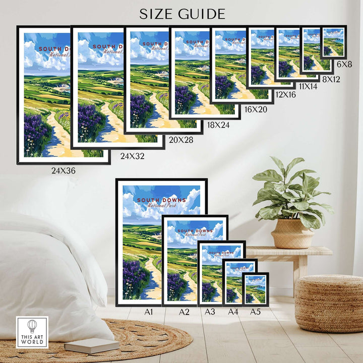 Size guide for South Downs National Park poster showcasing various frame sizes against a cozy home setting.