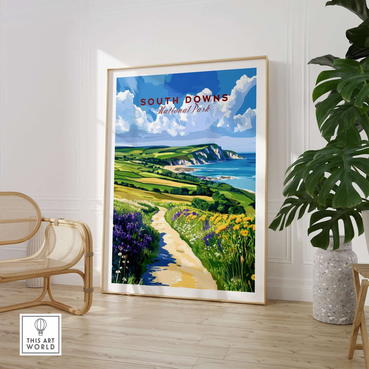 South Downs National Park poster featuring coastline cliffs and vibrant landscape in a stylish interior setting.