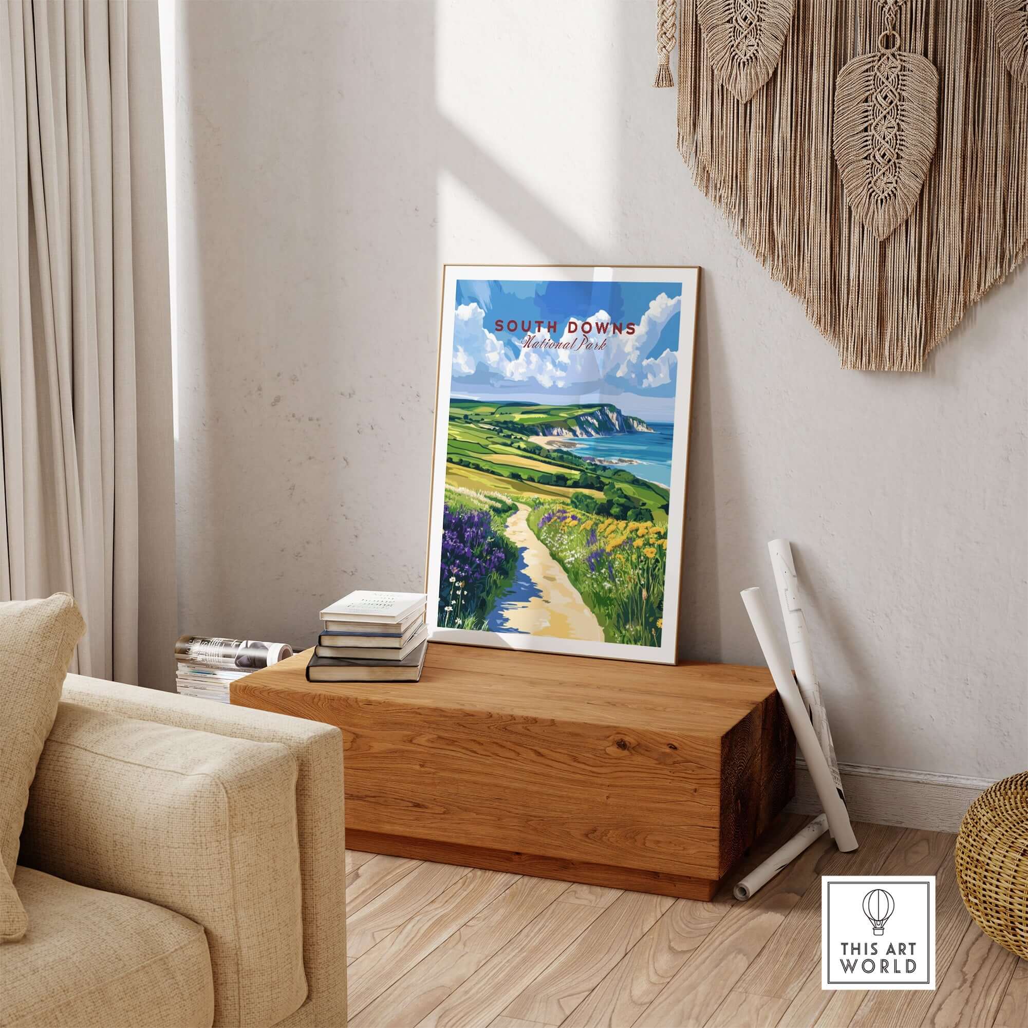South Downs National Park Poster displayed in a cozy living room with inspiring coastal landscape.