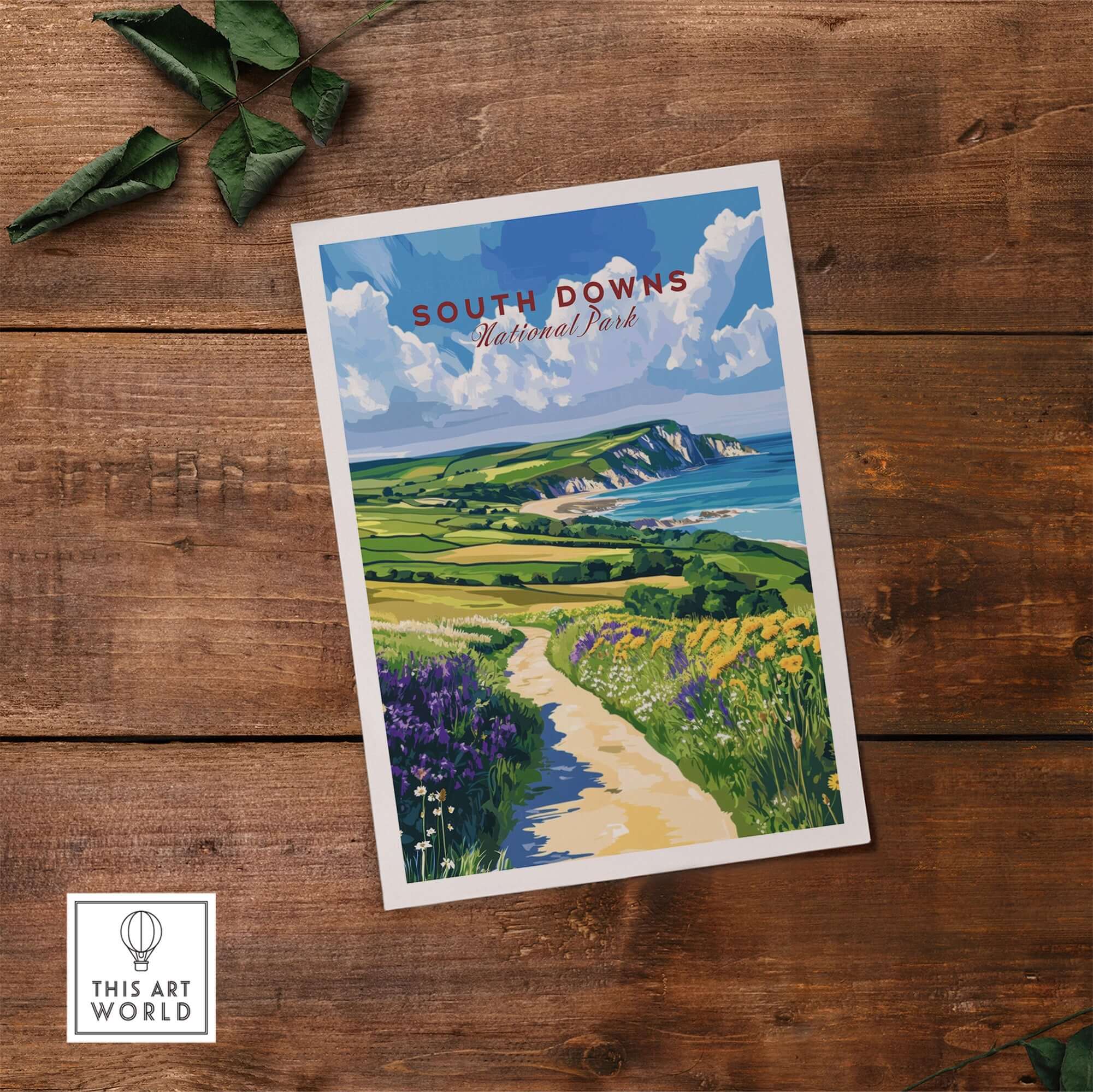 South Downs National Park Poster showcasing vibrant coastal cliffs and lush landscapes.