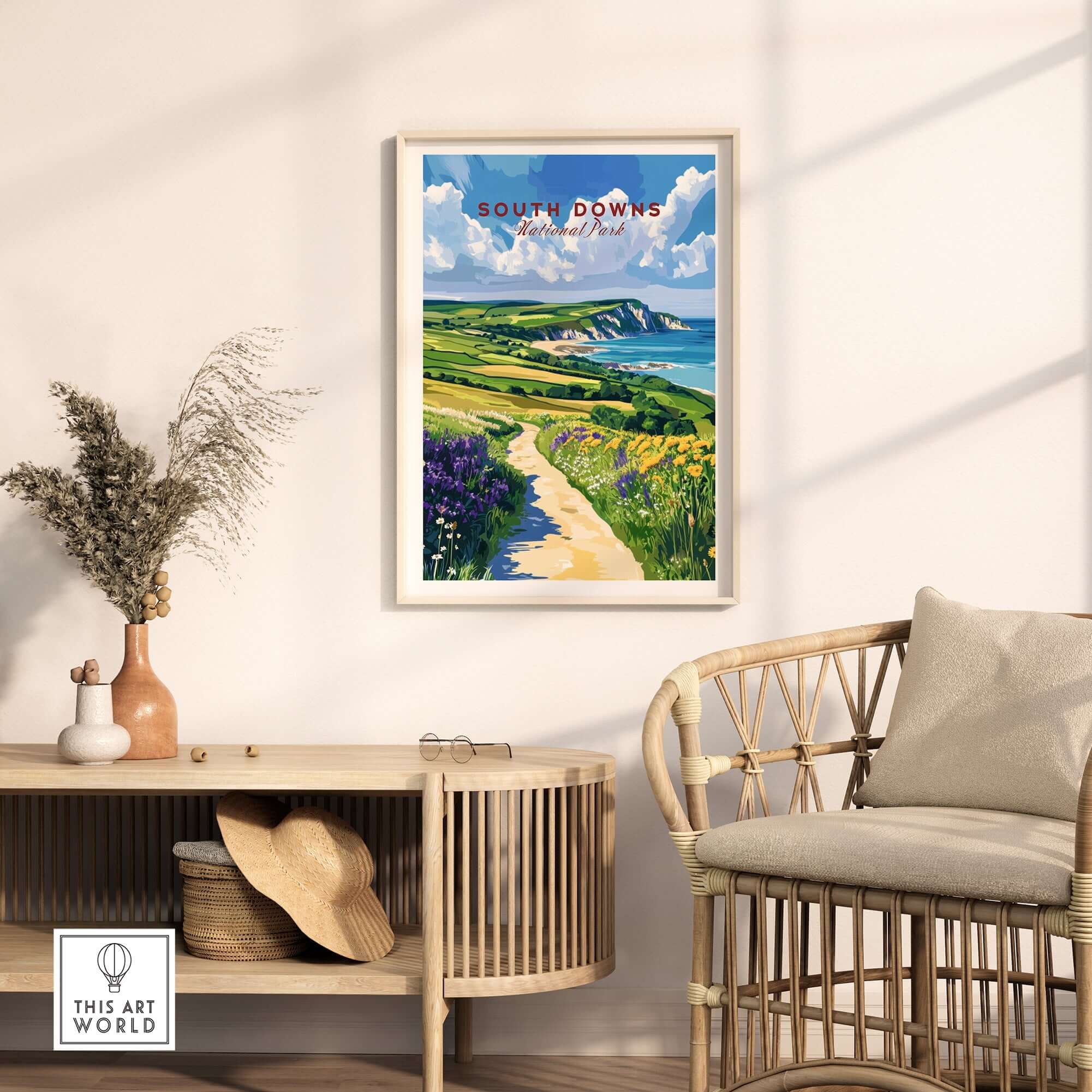 South Downs National Park Poster displayed in a bright room, showcasing the iconic cliffs and lush landscape.