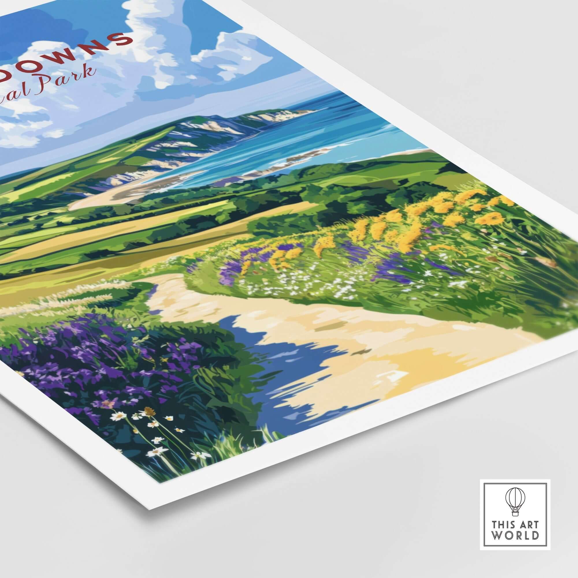 South Downs National Park Poster featuring vibrant landscape and iconic coastline.