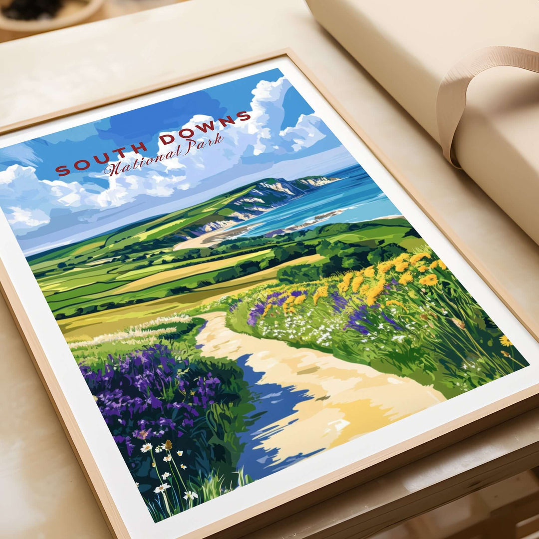 South Downs National Park poster showcasing lush landscapes and coastal cliffs in vibrant colors. Perfect for home or office decor.