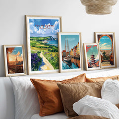 South Downs National Park Poster displayed with other travel posters in a modern home decor setting.
